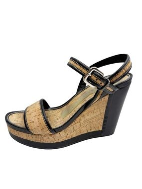 Prada Cork Platform Wedge Sandal - Black Leather & Natural Cork 7.5